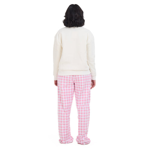 Women Winter Pajama Set Off White Sweatshirt +Pink Gingham Pattern Pants